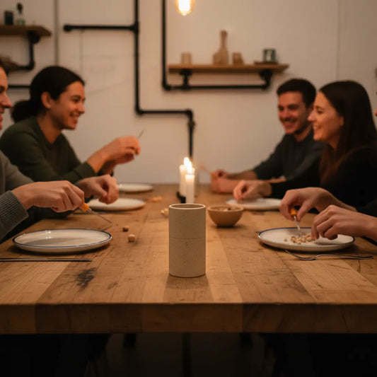 Holztisch mit Händen, Werkzeugen und einem Produkt aus den Referenzfotos in warmer Abendstimmung, gemeinsames Basteln und Teilen — DIY geschenke beste freundin