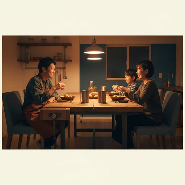 Intime Abendaufnahme an Holzwerkbank mit Freunden, Hände greifen nach Werkzeug und Tellern, warme Lichtstimmung und dezente industrielle Details — DIY geschenke für freundin