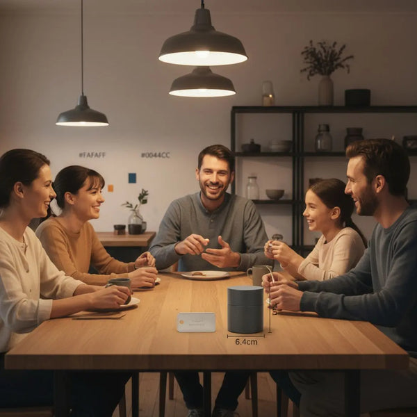 Kleine Familie um einen Holztisch in warmem, industriellem Wohnraum mit graviertem Metall‑Tag und dem Produkt aus den Referenzfotos sichtbar – emotionale Präsenz