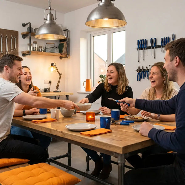 Kleine Familie beim gemeinsamen Essen in einem warm beleuchteten, leicht-industriellen Raum – freundliche Szene ideal für Erlebnisgeschenke, Holz- und Metalldetails sichtbar
