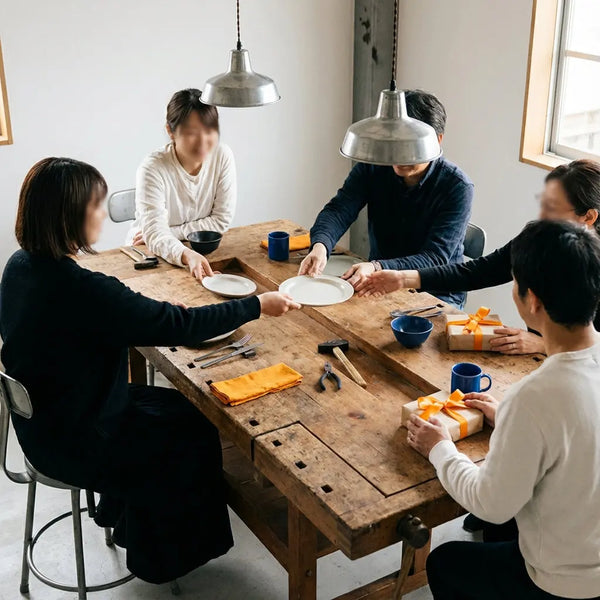 Gemütliche Esstischszene mit Familie und Geschenken, warme Industrie-Ästhetik, Holz- und Metalldetails, Hände greifen nach Geschenkpaketen — ideal für gamer geschenkideen