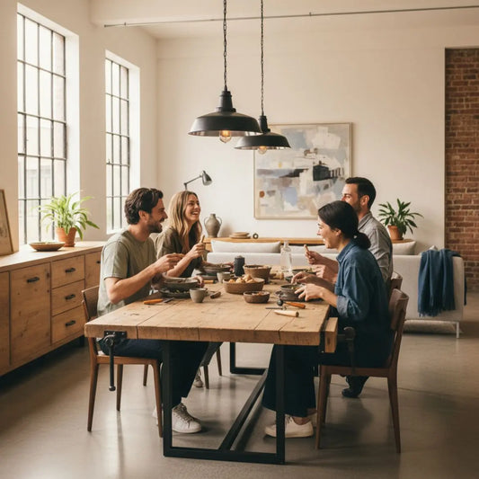 Familie am Holztisch lacht und tauscht gastgeschenke kommunion aus, warmes Licht, dezente Metalldetails und minimalistisches, aufgeräumtes Interieur