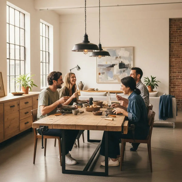 Familie am Holztisch lacht und tauscht gastgeschenke kommunion aus, warmes Licht, dezente Metalldetails und minimalistisches, aufgeräumtes Interieur