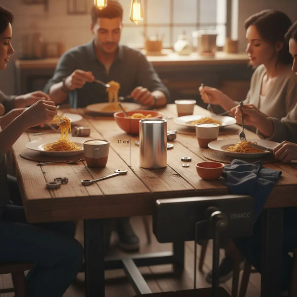 Kleine Gruppe um Holztisch in warmem Licht, industrielle Metalldetails und Hände mit Tellern — geburtstag ideen erwachsene, intime Zusammenkunft ohne erkennbare Gesichter