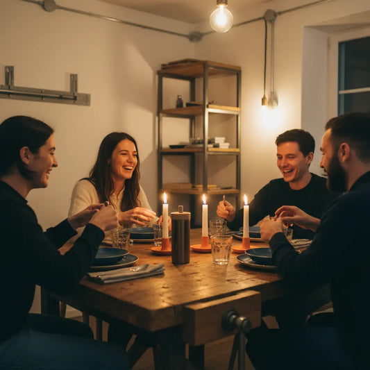 Intime Abendessenszene mit Freunden an Holz­tisch, warme Lichter, Metallakzente und Hände im Austausch; geburtstagsgeschenk 1000 € dezent auf dem Tisch, vollformat, keine schwarzen Ränder