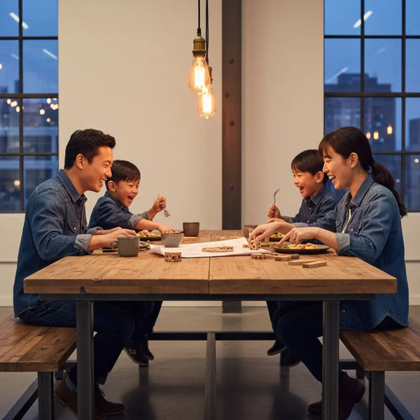 Kleine Familie oder enge Freunde am Esstisch mit warmem Licht, Holz- und Metalldetails, intime Stimmung — geburtstagsgeschenke für freunde