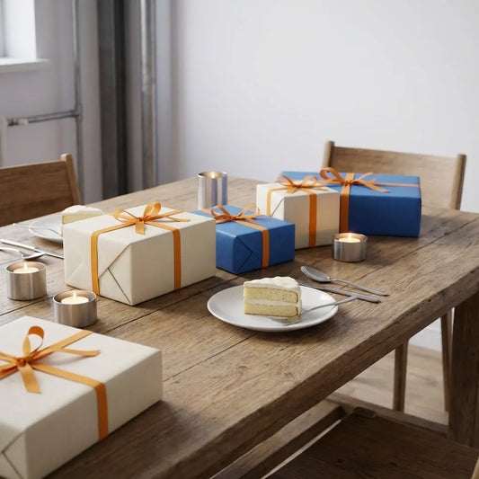 geburtstagswünsche 30 für sie gedeckter holztisch mit verpackten geschenken und stück vanillekuchen, warme metallakzente und minimalistische Stimmung