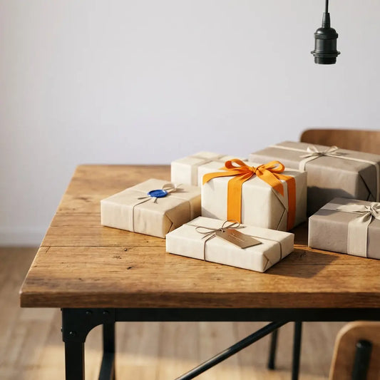 Minimalistisches Foto: sorgfältig verpackte Geschenke auf Holzsideboard mit graviertem Metallanhänger, warmes Licht und leichte Industrieakzente in Steelmonks-Stil – gehobene Dankesformulierung