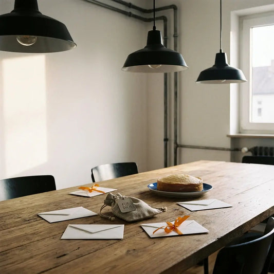 Intime Esszimmer-Szene mit kleinen Geschenken und Vanilletorte, Fokus auf Materialtexturen und Geschenkdetails, stilvolle Steelmonks-Farbwelt, Geld schenken standesamtliche Hochzeit