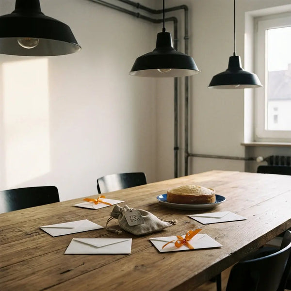 Intime Esszimmer-Szene mit kleinen Geschenken und Vanilletorte, Fokus auf Materialtexturen und Geschenkdetails, stilvolle Steelmonks-Farbwelt, Geld schenken standesamtliche Hochzeit