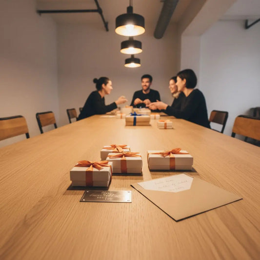Familie an einem hellen Holztisch mit kleinen Geschenkboxen, gravierter Metallplakette und offenem Umschlag — Geld zur Konfirmation stilvoll übergeben, warme industrial‑chic Atmosphäre.