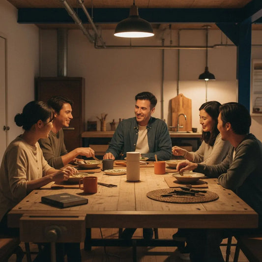 Kleine Familie an Esstisch in warmem, leicht industriellem Raum mit Holz und Metalldetails; das Produkt aus den Referenzfotos als geldgeschenk 14-jährige dezent auf dem Tisch.