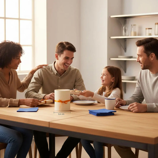 Familie am Esstisch mit Geschenk im Mittelpunkt; geldgeschenk bruder liegt mittig, warme Beleuchtung, Holzoberfläche und dezente Metalldetails, intime, aufgeräumte Szene