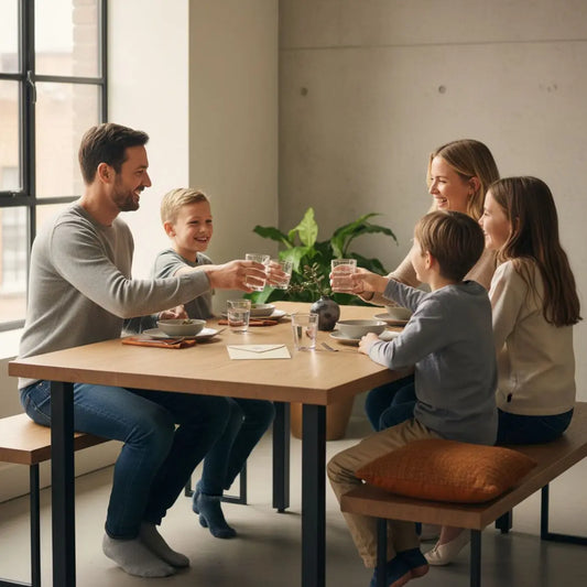 Kleine Familie übergibt ein geldgeschenk erzieherin am Esstisch in einem hellen, minimalistisch-industriellen Wohnraum mit Holz- und Metalldetails.