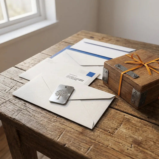 Geldgeschenk Masterabschluss auf Holztisch mit graviertem Stahlanhänger Baum-Design, Umschlägen und dezenter Holzbox in warmem, industriellem Ambiente