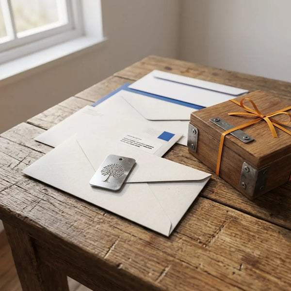 Geldgeschenk Masterabschluss auf Holztisch mit graviertem Stahlanhänger Baum-Design, Umschlägen und dezenter Holzbox in warmem, industriellem Ambiente