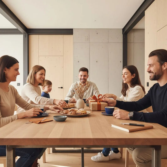 Kleine Familie und Freunde am Esstisch beim Übergeben eines geldgeschenk taufe, warme Lichtstimmung, industrielle Holz‑ und Metalldetails, minimalistisch und aufgeräumt
