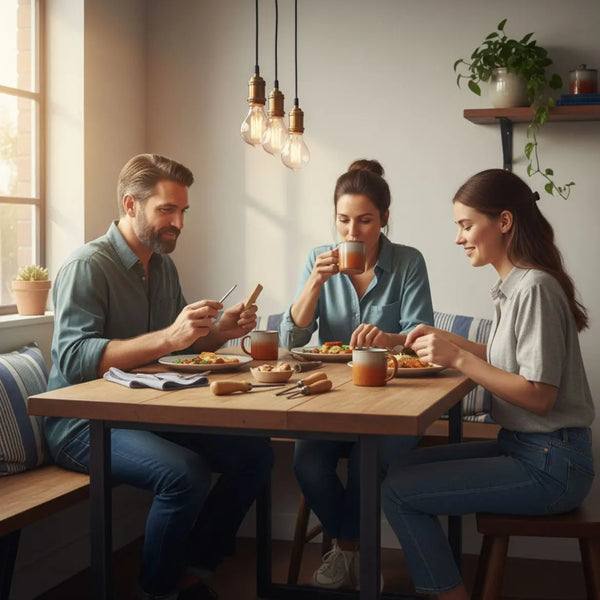 Kleine Familie am Esstisch in warmem, leicht industriellem Zuhause, Hände greifen nach Tellern – gemeinsame zeit schenken und Nähe erleben.