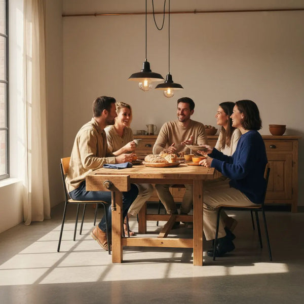 Kleine Familie sitzt am Holztisch im warmen Industrie-Charme, Hände teilen Teller und Lachen – Geschenk 1. Jahrestag.