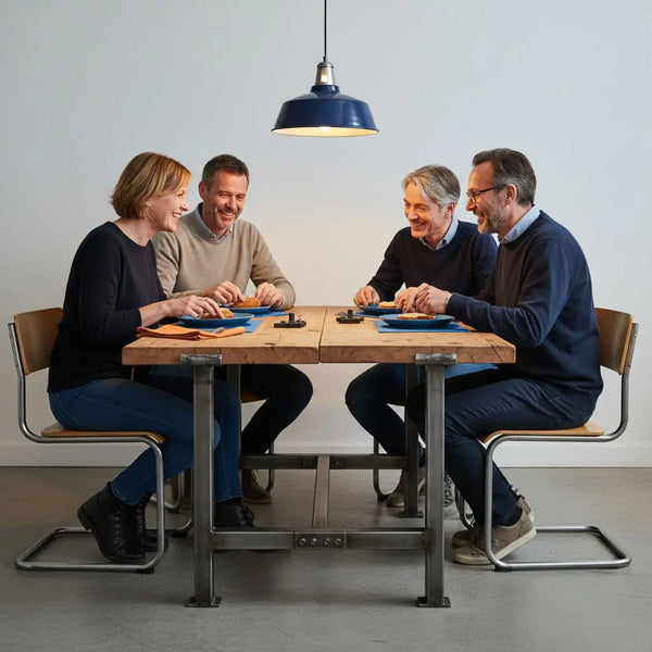 Kleine Gruppe am Holztisch mit warmem Licht und Metalldetails, Hände greifen nach Tellern oder Werkzeug – geschenk eiserne hochzeit in gemütlichem Industrie-Stil