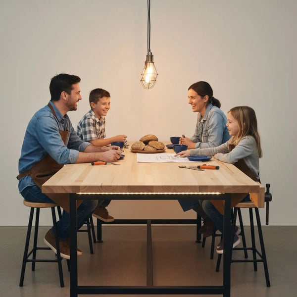 Kleine Familie lacht gemeinsam am Esstisch mit Holzoberfläche und sichtbaren Metalldetails, warme Beleuchtung und natürliche Stimmung – geschenk fuer jemanden der schon alles hat