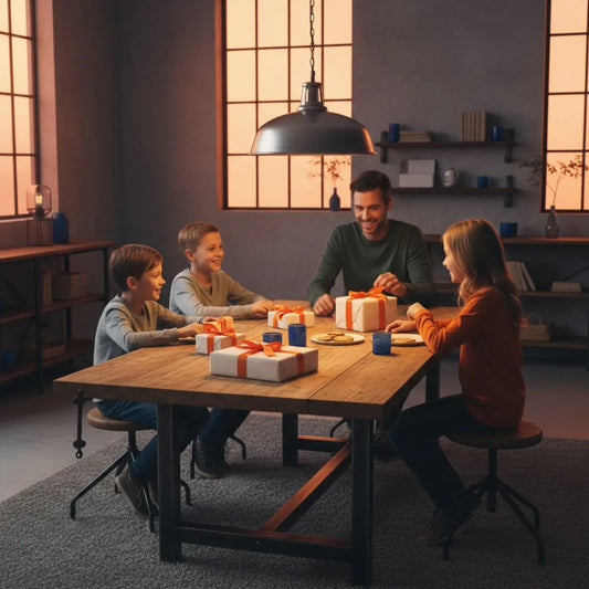 Kleine Familie am Holztisch mit sorgfältig verpackten Geschenken im warmen Industrial-Chic - stimmungsvolle Szene als geschenk für lehrer