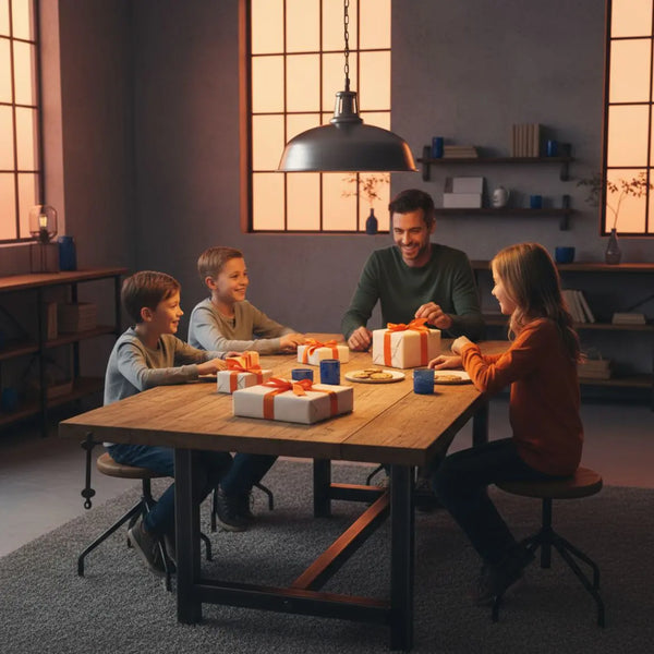 Kleine Familie am Holztisch mit sorgfältig verpackten Geschenken im warmen Industrial-Chic - stimmungsvolle Szene als geschenk für lehrer