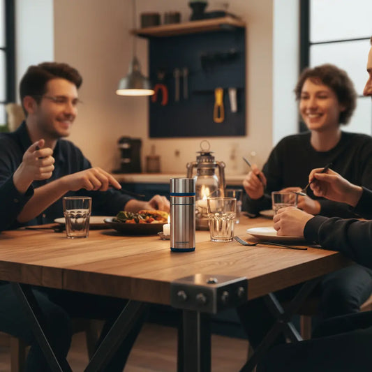 Warm beleuchteter Küchentisch, subtil angedeutete Familie beim Teilen von Essen und Gesten; minimalistische Steelmonks-Ästhetik — Geschenk für Eltern wenn sie schon alles haben