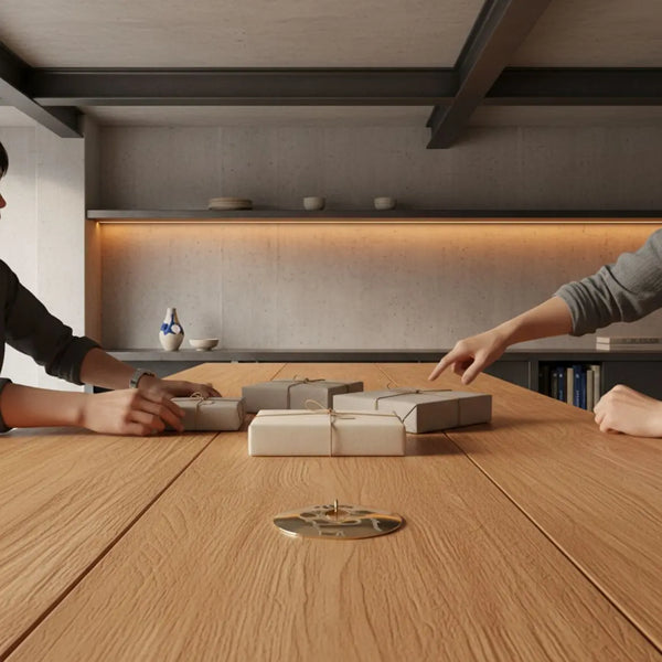 Minimalistischer Holz-Esstisch mit dezent verpackten Geschenkpaketen und einem Metallanhänger, warme Lichtstimmung und Beton- sowie Metallakzente – Geschenk für frischgebackene Mutter im Fokus.