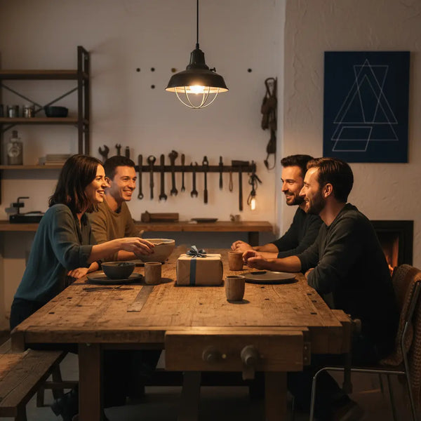 Minimalistische Abend-Esstischszene mit kleiner Familie, warmes Licht, Holz- und Metallakzente und das Produkt aus den Referenzfotos als geschenk für gestresste mama