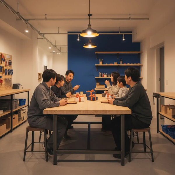 Kleine Gruppe um Holztisch mit arrangierten Geschenken, warmes Licht, Holzoberflächen und dezente Metalldetails – intime, handwerkliche Szene, geschenk für lehrerin
