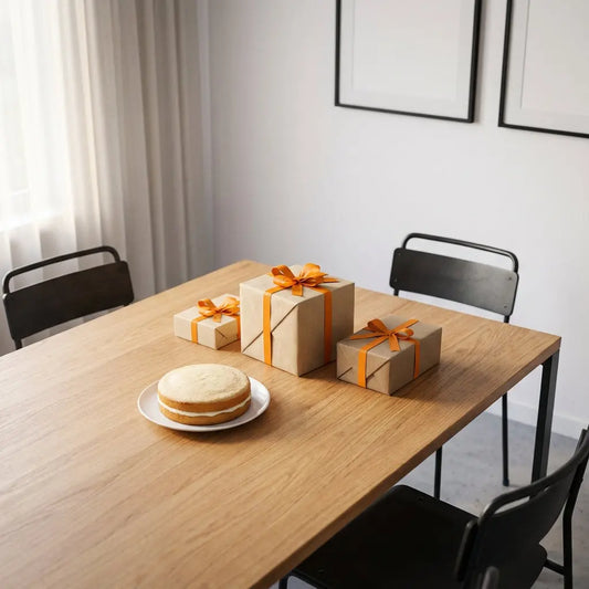 Minimalistischer Esszimmertisch mit ausgewählten Geschenken und Vanilletorte in warmer Lichtstimmung – ideal als geschenk für onkel der schon alles hat