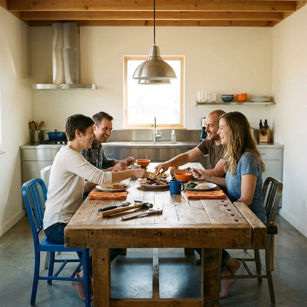Kleine Familie und Paten sitzen lachend am Holztisch in warmem, industriell-minimalistischem Zuhause – intimes Zusammensein als geschenk paten konfirmation