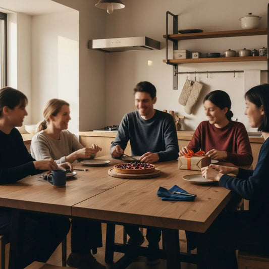 Kleine Familie am Holztisch mit Geschenk zur geburt zweites kind, warmes Licht, industrielle Metall- und Holzdetails, schlichtes Dessert im Zentrum