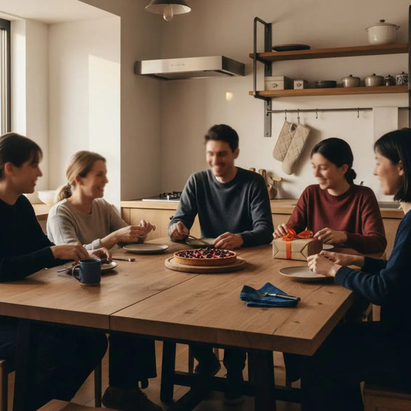 Kleine Familie am Holztisch mit Geschenk zur geburt zweites kind, warmes Licht, industrielle Metall- und Holzdetails, schlichtes Dessert im Zentrum
