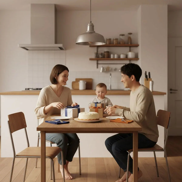 Kleine Familie am Holztisch mit Vanillekuchen und liebevoll verpackten Geschenken als Geschenk zur Geburt, minimalistischer warmer Industrie-Stil, #0044CC und #ff9800 Akzente