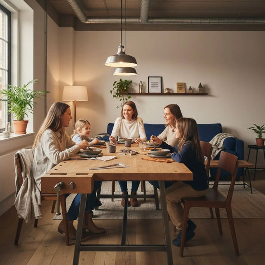 Minimalistischer, leicht industrieller Wohnraum mit Holztisch, Metalldetails und einer freundlichen Gruppe beim Zusammensein – ideales Geschenk zur Praxiseröffnung.