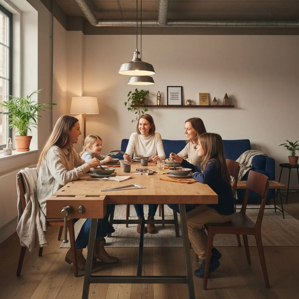 Minimalistischer, leicht industrieller Wohnraum mit Holztisch, Metalldetails und einer freundlichen Gruppe beim Zusammensein – ideales Geschenk zur Praxiseröffnung.