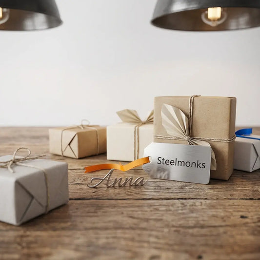 Nahaufnahme von sorgfältig verpackten Geschenken auf rustikalem Holztisch mit graviertem Edelstahlanhänger als geschenk zur standesamtlichen trauung, warme intime Stimmung