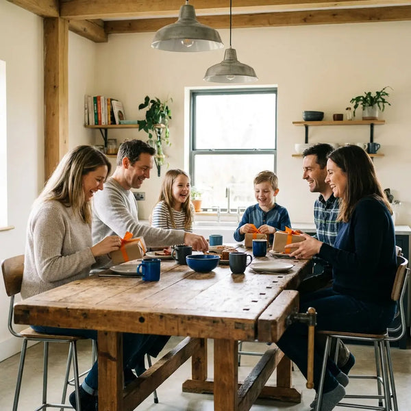 Kleine Familie an Esstisch in gemütlicher, leicht industrieller Wohnküche mit Holz- und Metalldetails, kleine, schön verpackte Geschenk zur Zeugnisübergabe auf dem Tisch, warmes Licht