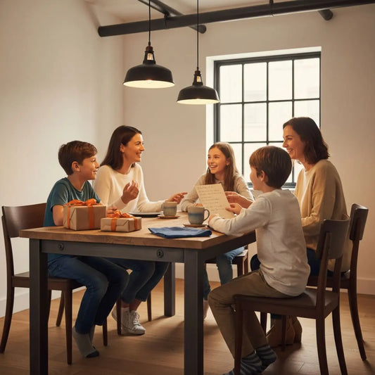 Gemütliches Esszimmer mit Familie, kleine verpackte Geschenke, handgeschriebene Karte und Tasse Tee – Fokus Geschenkbetrag für Lehrer