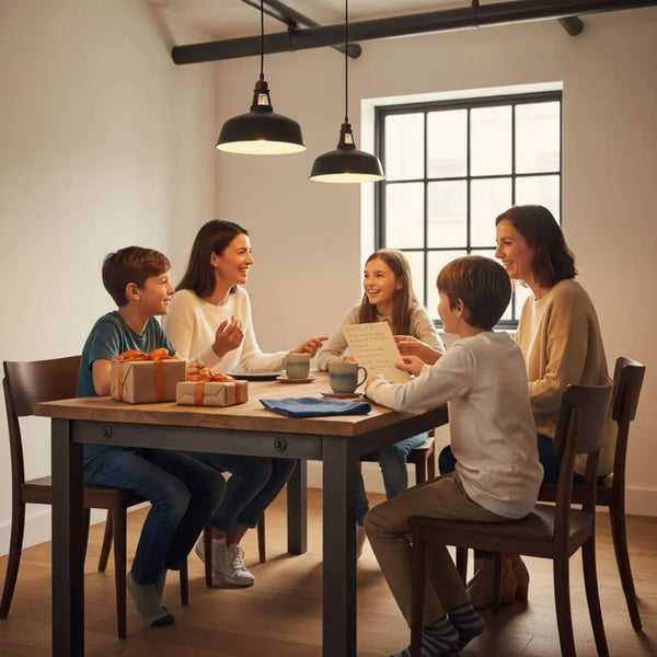 Gemütliches Esszimmer mit Familie, kleine verpackte Geschenke, handgeschriebene Karte und Tasse Tee – Fokus Geschenkbetrag für Lehrer