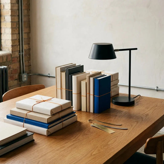 Geschenke für Buchliebhaber auf Esstisch mit Büchern, verpackten Paketen, Leselampe und Metall-Lesezeichen im minimalistischen Steelmonks-Stil