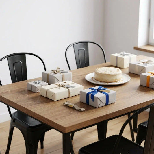 Gedeckter Esstisch mit kleinen Geschenkverpackungen und einfacher Vanilletorte in warmem Licht als stilvolle Idee für Geschenke für Erzieher