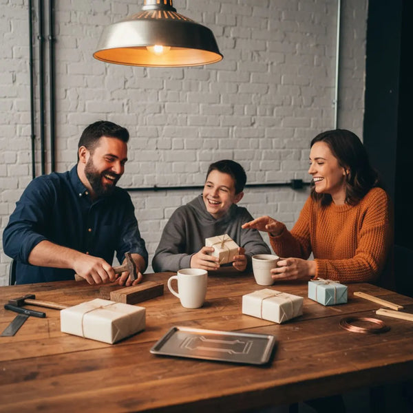 Kleine Familie sitzt am Esstisch mit geschenke für feuerwehrleute auf dem Tisch, graviertes Metallstück und Tasse, warme industrielle Atmosphäre mit Holz und Metall.