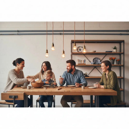 Kleine Familie lacht am Esstisch in warmem Licht, Holz- und Metalldetails sichtbar – authentische Szene für geschenke für 14-jährige