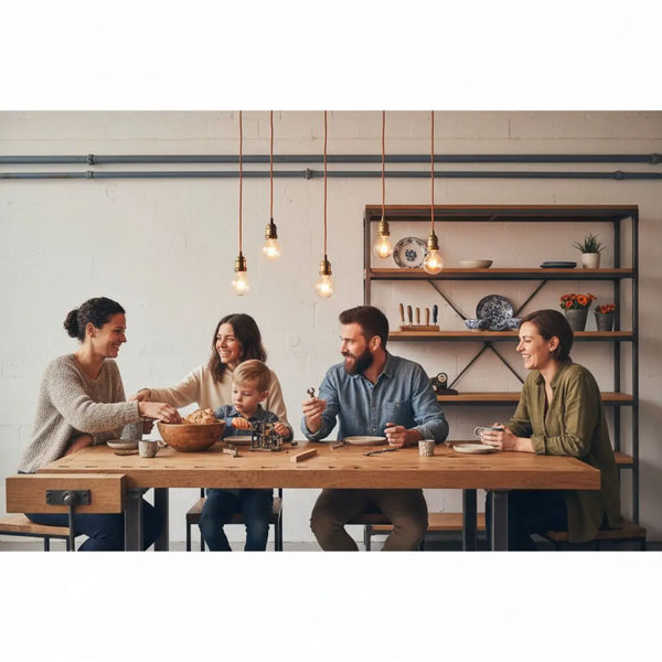 Kleine Familie lacht am Esstisch in warmem Licht, Holz- und Metalldetails sichtbar – authentische Szene für geschenke für 14-jährige