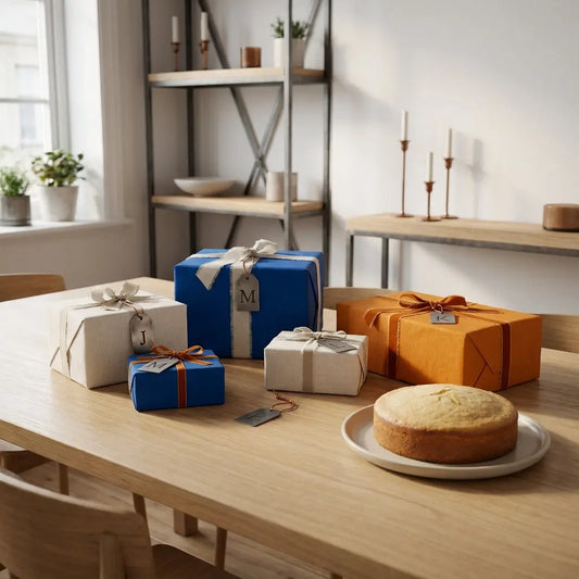 Geschenke für 15-jährige Mädchen auf einem minimalistischen Esstisch: Nahaufnahme von hübsch verpackten Geschenken mit Metallanhängern und einem einfachen Vanillekuchen, warmes Licht