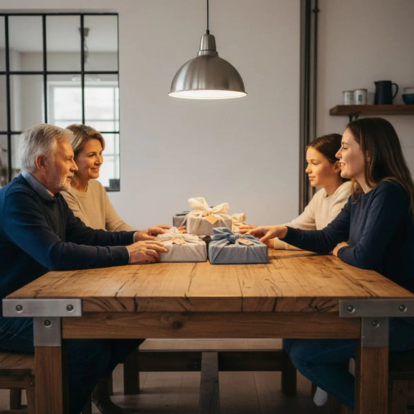 geschenke für ältere eltern auf minimalistisch-arrangiertem Küchentisch mit Holztextur, Edelstahl-Pendelleuchte, warmem Licht, dezenten Metallakzenten und weichem Bokeh