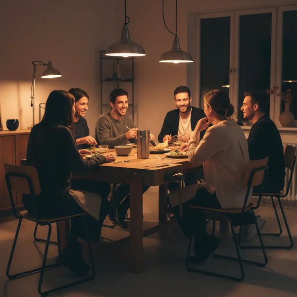 Gemütliche Abend-Szene: kleine Familie lacht an einem Holz-Esstisch mit Metall-Details, warmes Licht, Das Produkt aus den Referenzfotos sichtbar — geschenke für eltern